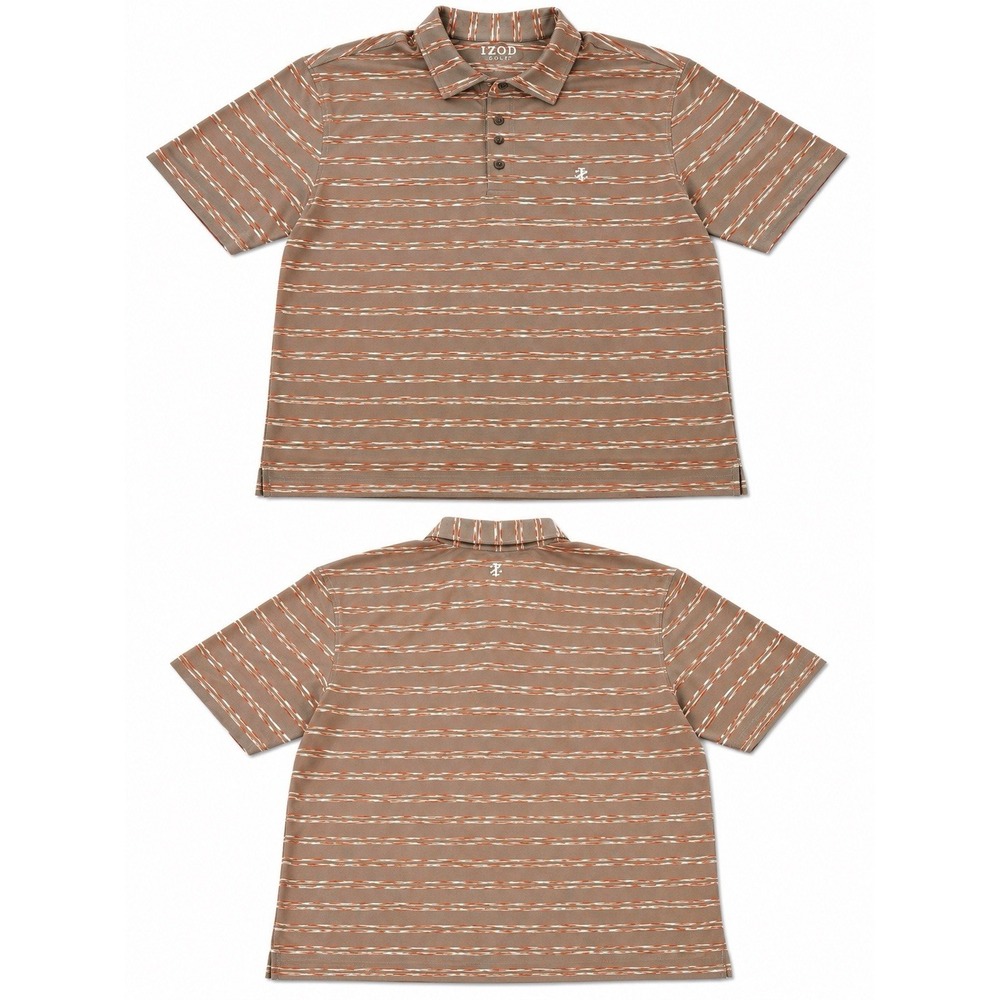 IZOD Golf SHIRT Mens Large GRAY ORANGE STRIPE Stretch Performance Polo